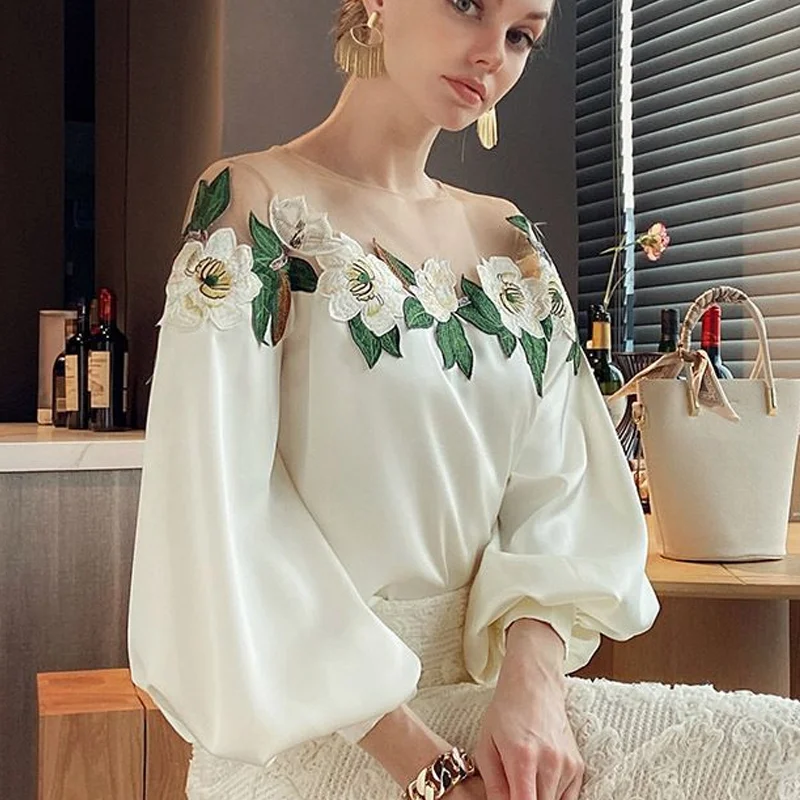 Autumn Mesh Patchwork Long Lantern Sleeve Shirt Spring Embroidered Satin Blouse O-neck Tops Women\'s Clothes Elegant New 24976