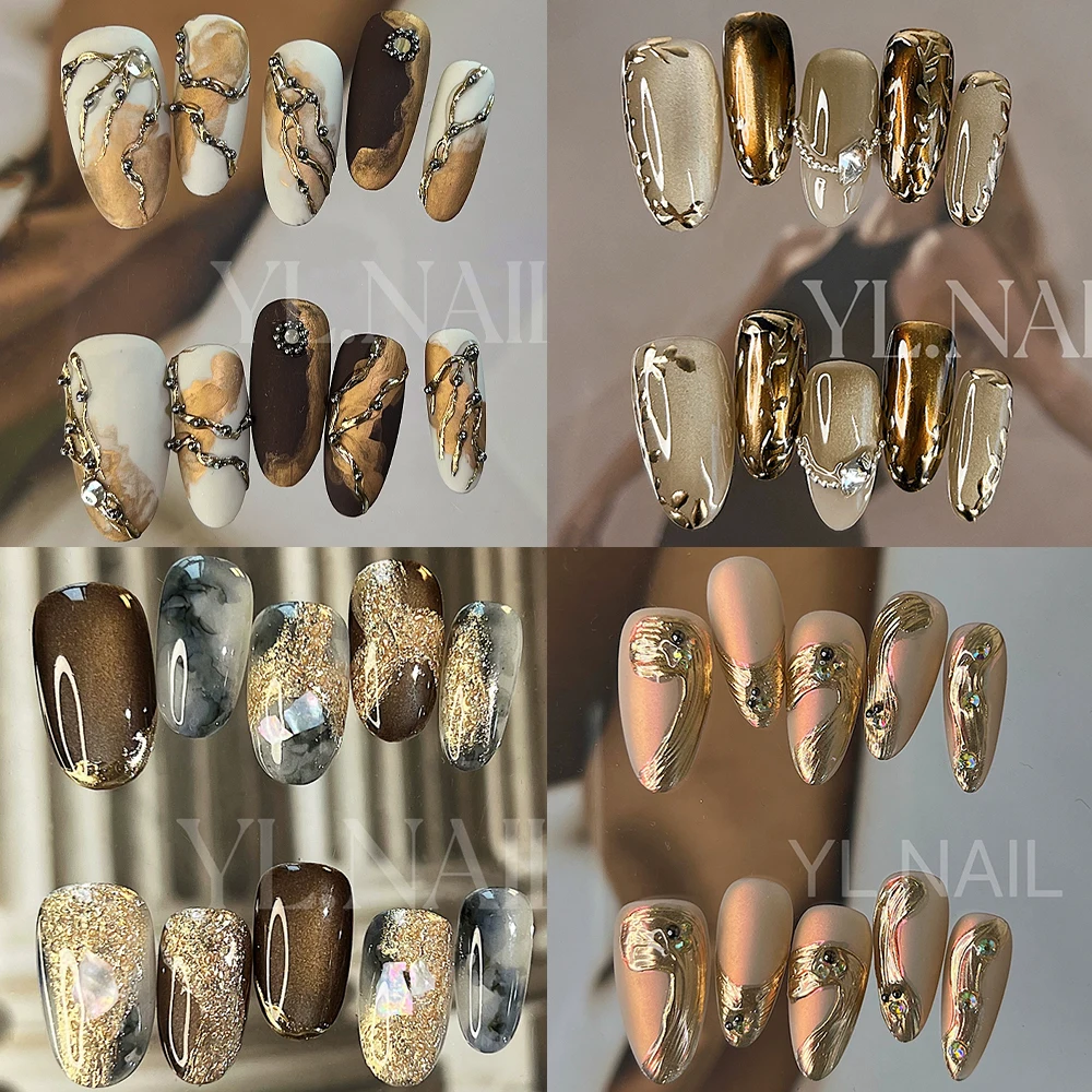 

10Pcs Light Luxury Minority Almond Wearable Stick-On Nails False Nails Shiny Glass Beaded Cat Eye Smudge Handmade Press On Nail