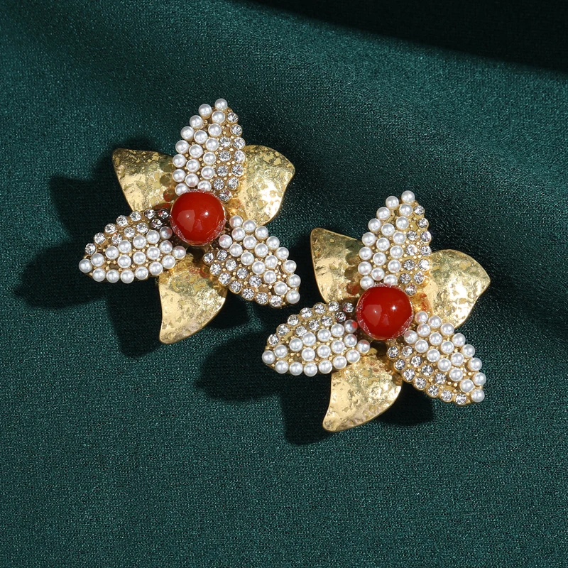 

Red Agate Vintage Flower Stud Earrings Antique Gold Color Rhinestone Maple Leaf Elegant Jewelry Women Quality Gift 2026 Festival