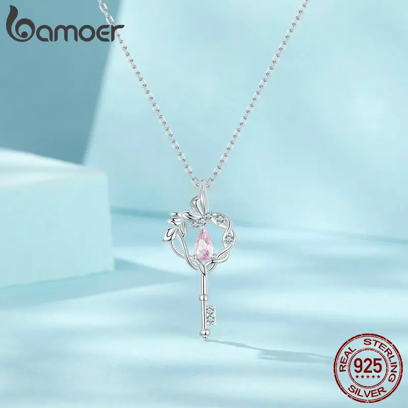 Bamoer 925 Sterling Silver Butterfly Vine Heart Key Necklace For Women fashion Necklace Anniversary Jewelry Gift