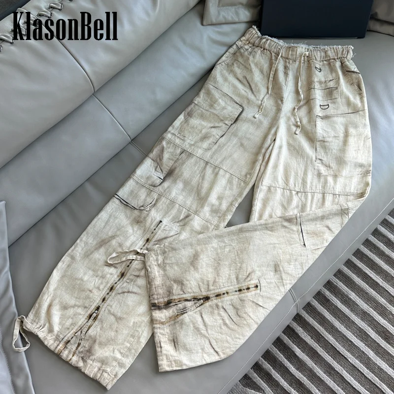 

7.6 KlasonBell Women Fashion 3D Pattern Print Cargo Pants Distressed Frayed Waist Drawstring Summer New Thin Wide Leg Trousers