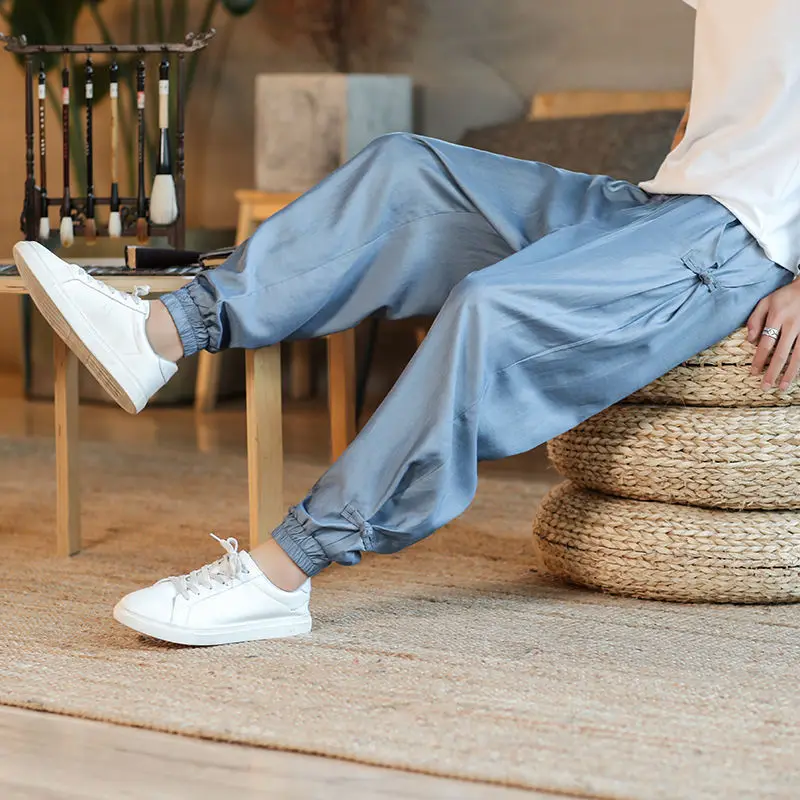 

Ultra-Thin Ice Silk Wide Leg Pants Men's Casual Summer Harlan Pants Sports Long Pants Loose Fit Pure Color Cotton 00%