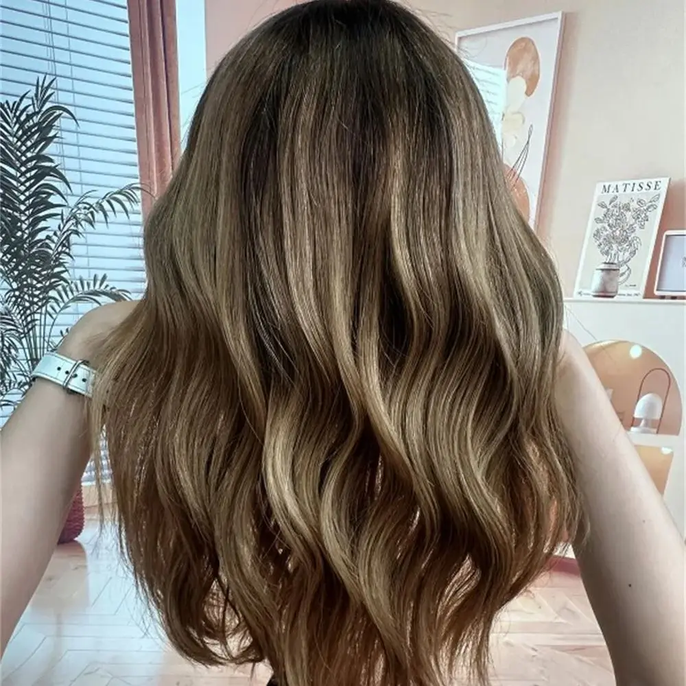 

Брюнетка-русый парик для женщин 14 дюймов, длина плеч, парик с естественной волной, балаяж, многослойное синтетическое термостойкое волокно, парик спереди