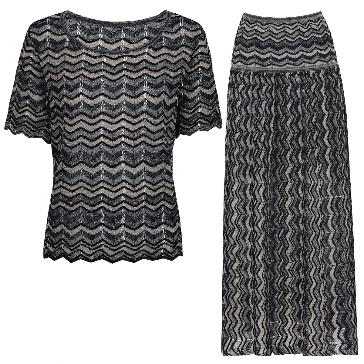 New Summer Women Knitted Top Skirt Set Wave Print Round Neck High Quality Commuting Fashion Two Piece Suit