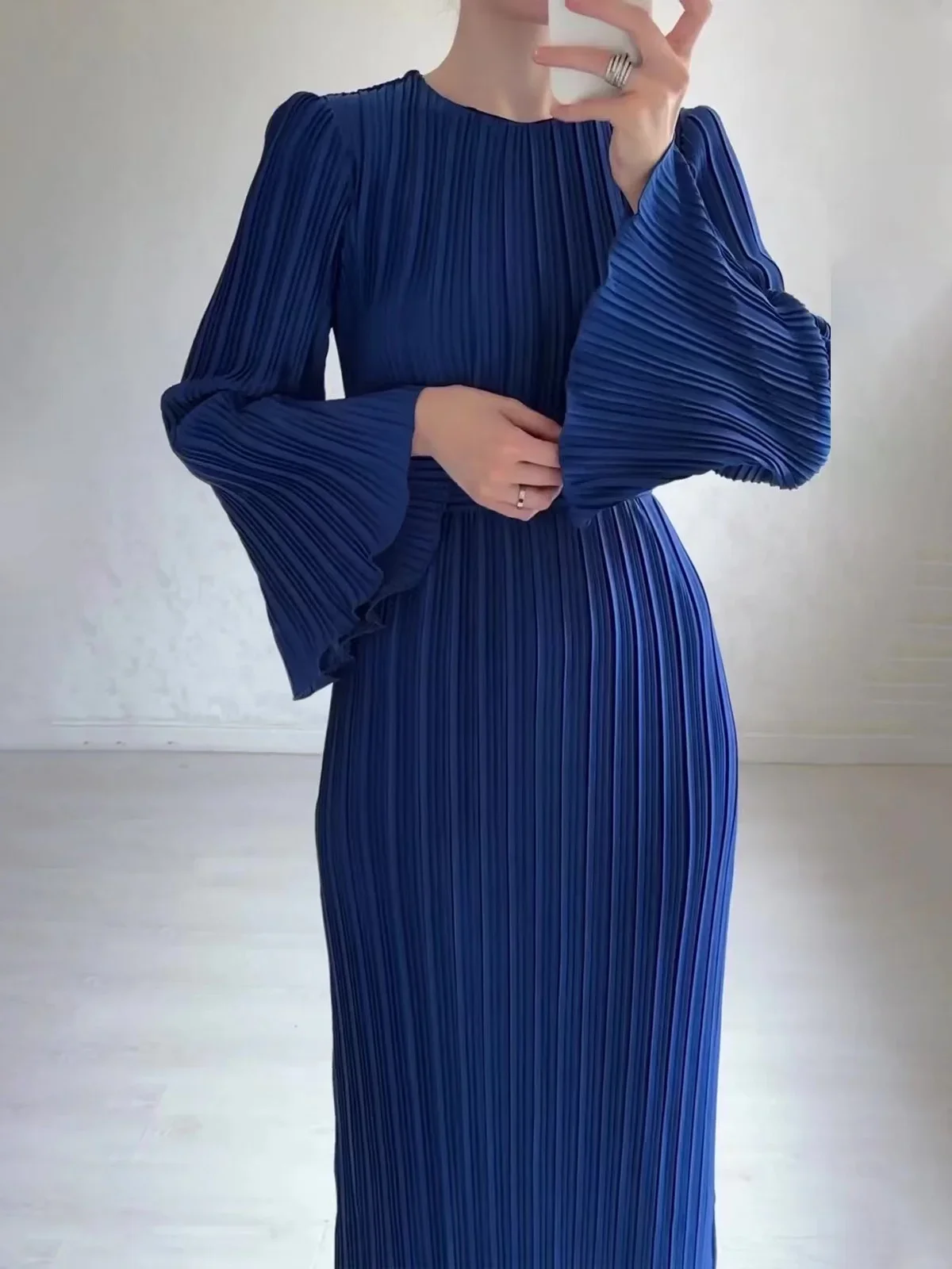 2024 Eid Flare Sleeve Muslim Pleated Dress Women Abaya Morocco Ramadan Lace-Up Abayas Kaftan Islam Dubai Arab Modest Long Robe