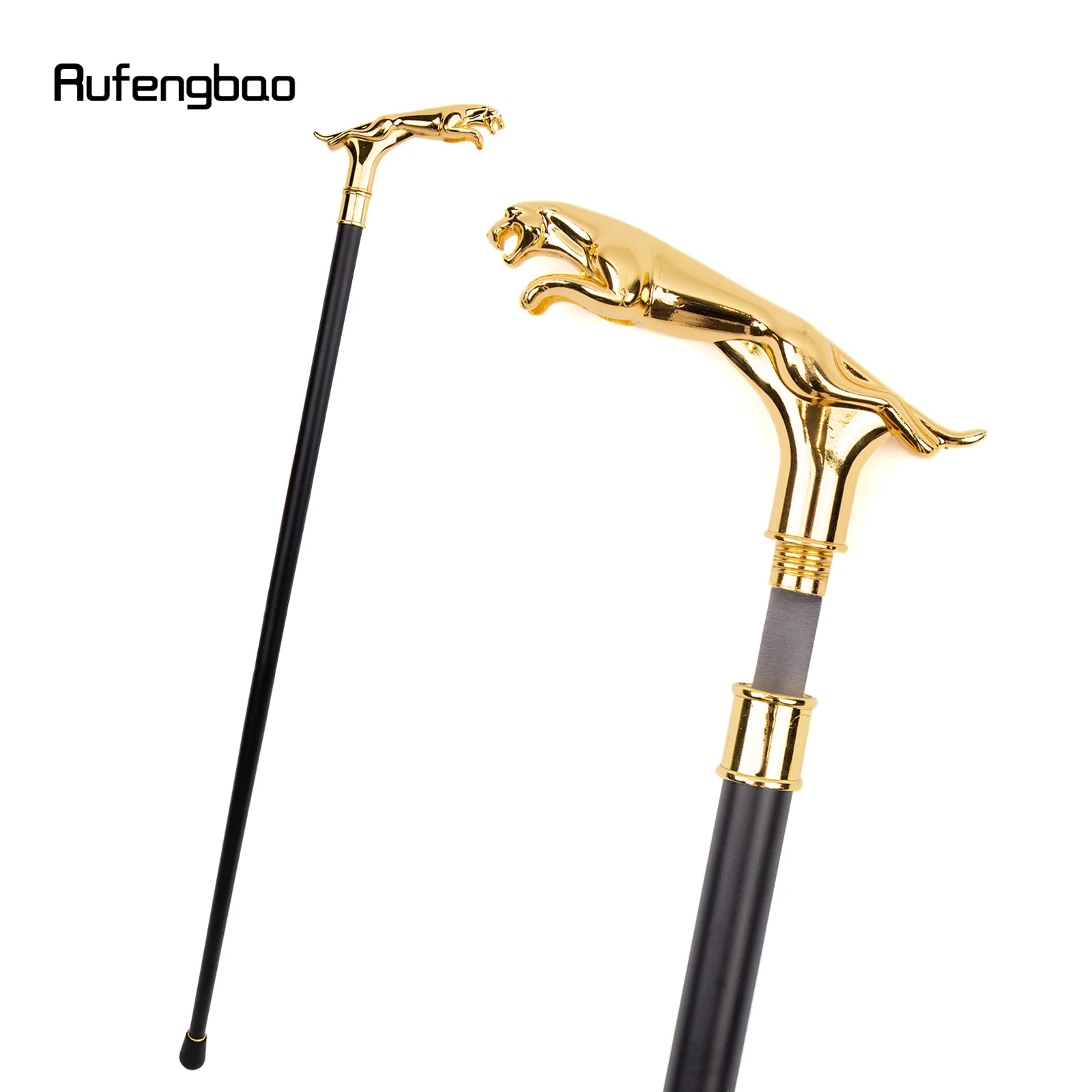 

Gold Luxury Leopard with Tail Single Joint Walking Stick with Hidden Plate Self Defense Cane Plate Cosplay Crosier 93cm