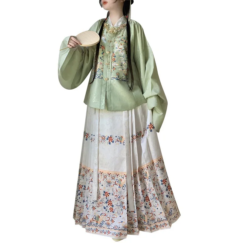 Hanfu الأبيض لوتس نمط معطف قصير ، اليوسفي طوق ، بيبا الأكمام و الحصان الوجه تنورة ، الخريف والشتاء