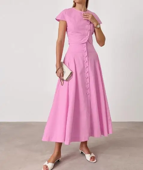 

Skirts Sets Summer Sweet Pink Cotton High Waist V-Neck Skirt Set Fashion Women's Two Piece Set New Fashion Skirts Outfits