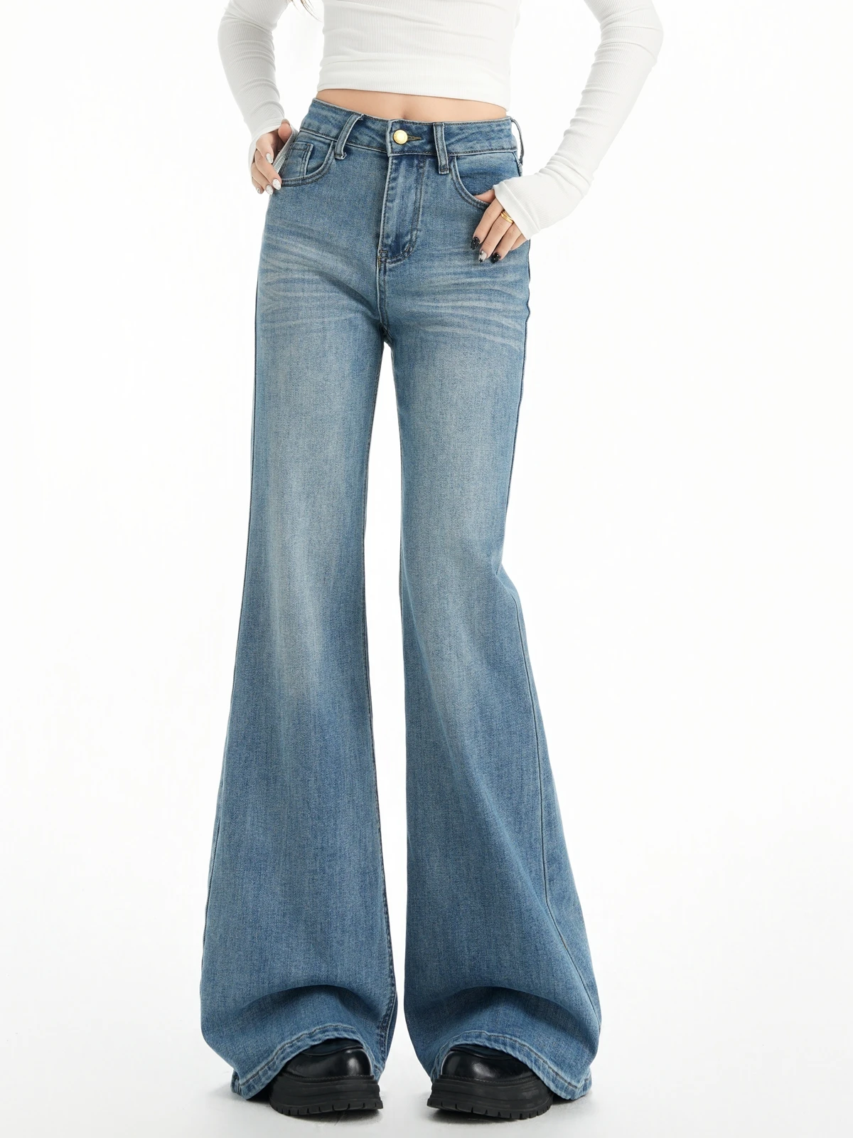 

Джинсы ZHISILAO New Vintage Flare, женские, из хлопка, стрейч, светло-голубые, полной длины, джинсовые брюки, уличный стиль, весна 2025, шик