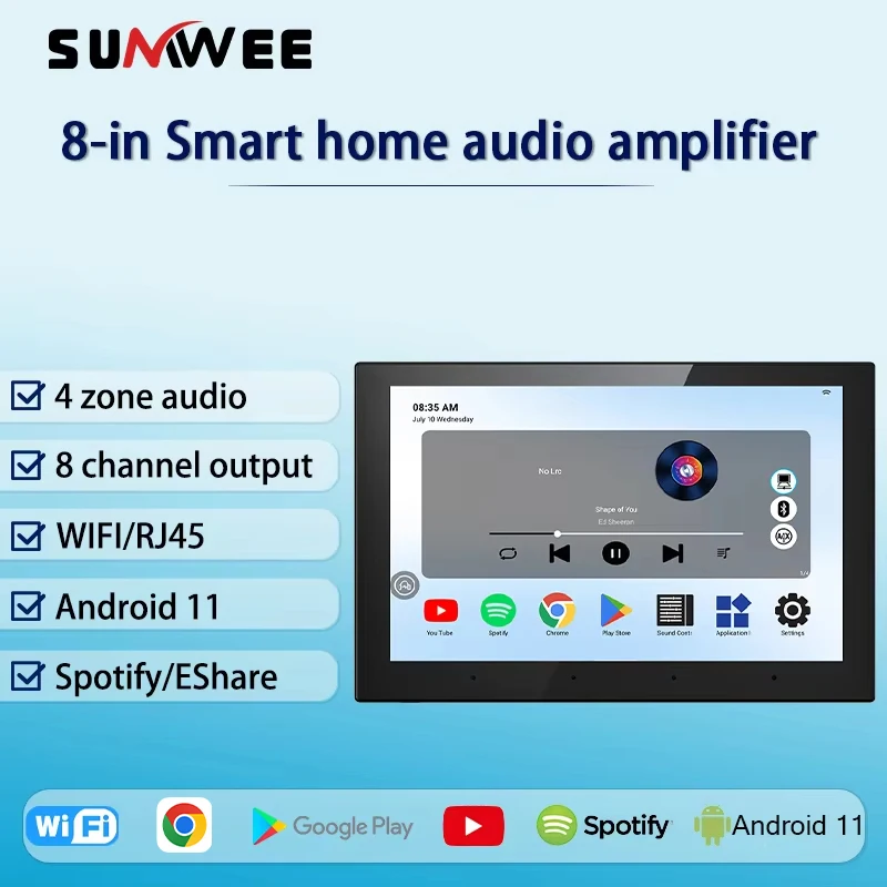 8 Inch TUYA smart home WIFI 4 zones audio in wall amplifier music player sound control panle Android 11 system Touch Screen rj45