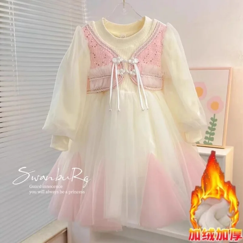 Vestido de manga comprida acolchoada de veludo feminino, novo estilo ocidental, gradiente menininha, flor de cerejeira, rosa, saia infantil, outono e inverno