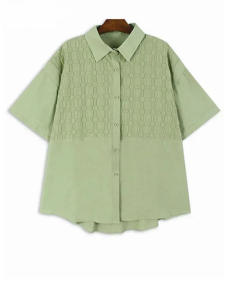 

Women Green Plaid Pleated Big Size Casual Blouse New Lapel Short Sleeve Shirt Fashion Tide Spring Summer