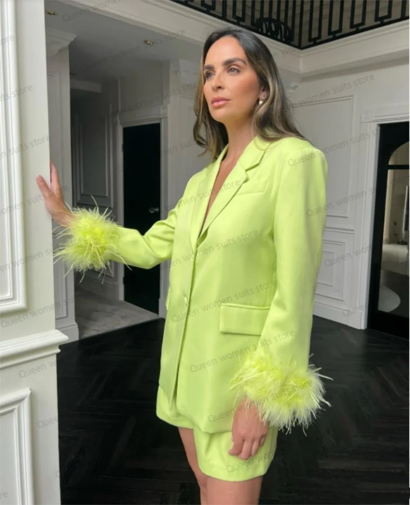 Ostrich Feather Women Suit Set Blazer+Short Pants Yellow Summer 2 Pieces Party Prom Dress Custom Made Sexy V Neck Jacket Coat