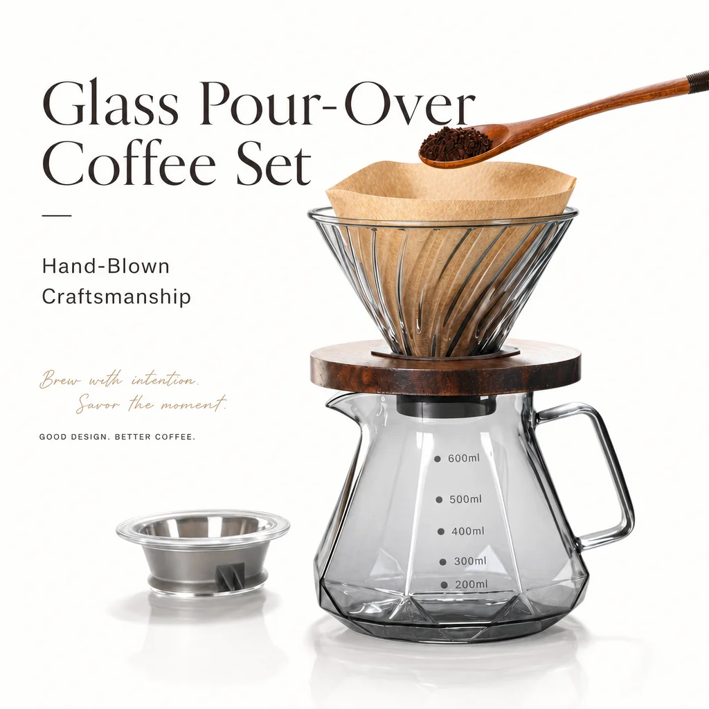 Glass Hand Drip Coffee Set Glass Filter Cup 400/600ml Glass Coffee Sharing Pot Wooden Stand Pour Over Coffee Tools