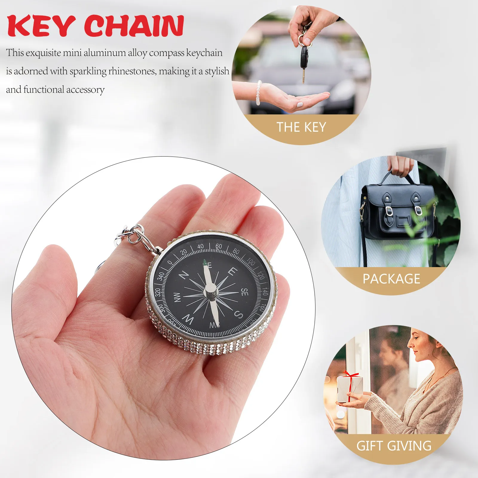 Mini Aluminum Alloy Compass Keychain Sparkling Rhinestone Outdoor Navigation Tool for Camping Hiking Backpacking Survival Pocket