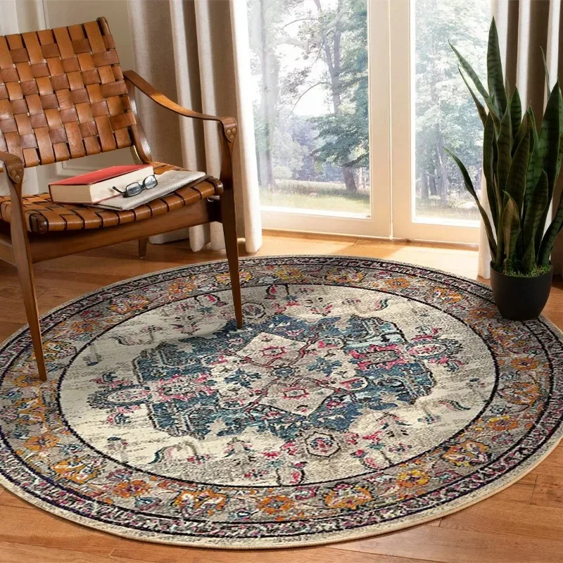 Vintage Red Gold Persian Round Rug Anti‑Slip Floor Carpet Traditional Ornate Floral Mat for Living Room Bedroom Indoor