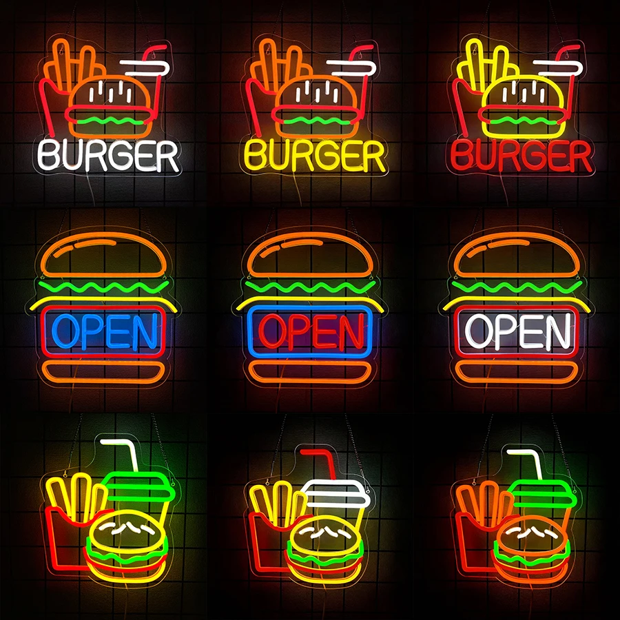Burger-Neonschild für Wanddekoration, leuchtende, köstliche Lebensmittel, Hamburger-LED-Lampe für offenes Fast-Food-Schild, Restaurant, Küche, Geschäft, Party