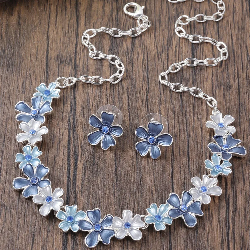 Women's Blue Enamel Geometric Necklace Set, Elegant Gift
