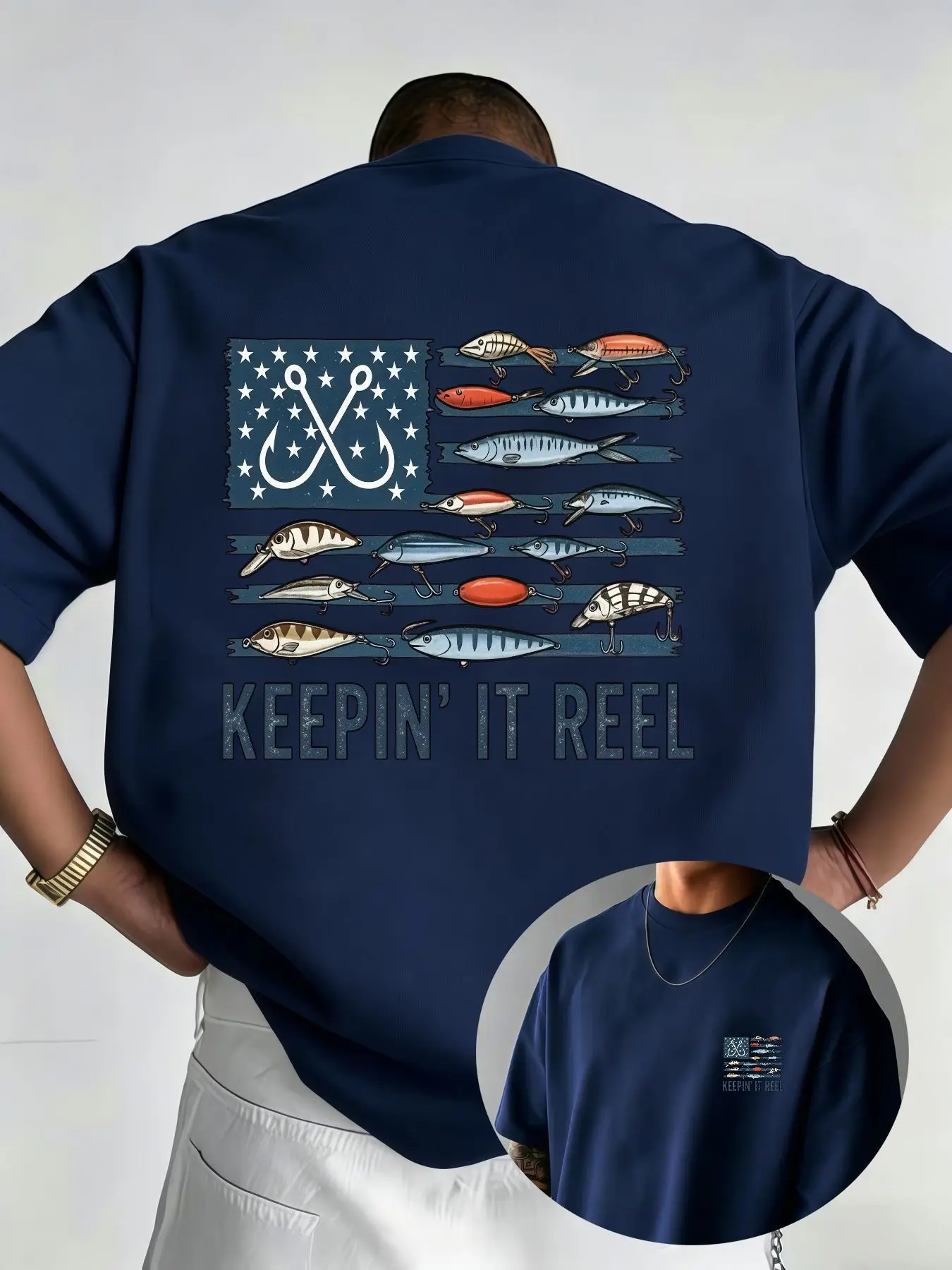 Men'S Short Sleeve T-Shirt Summer Trendy American Fishing Theme Print Top Keepin' It Reel Individual Fun Creative Fishing Rod Lure Bait Pattern Round Neck Loose Plus Size T-Shirt