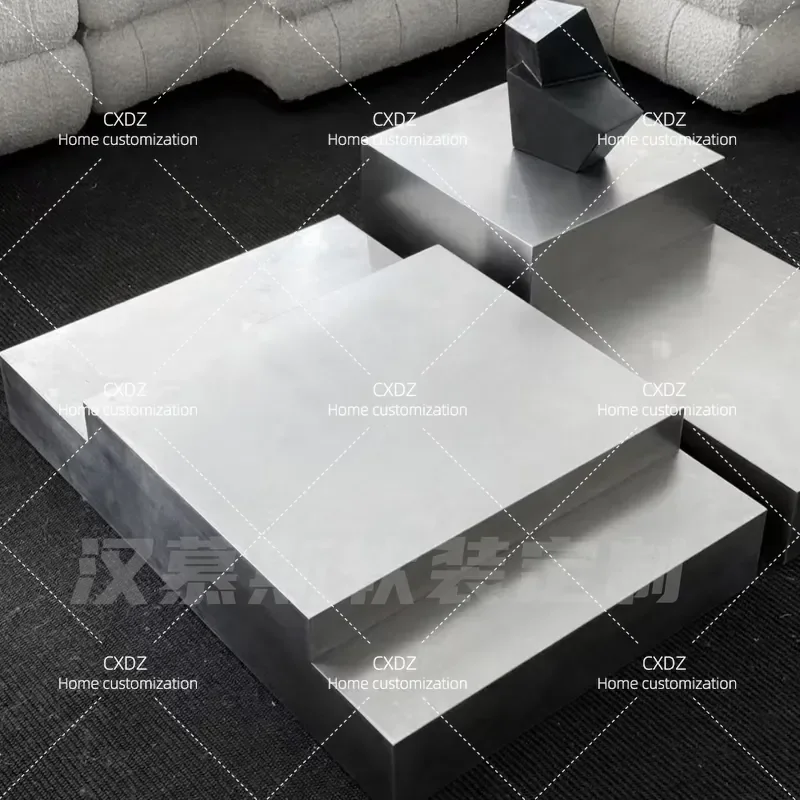 Nordic Retro Geometric Stainless Steel Coffee Table Square Metal Texture Living Room Furniture Modern Minimalist Side Table