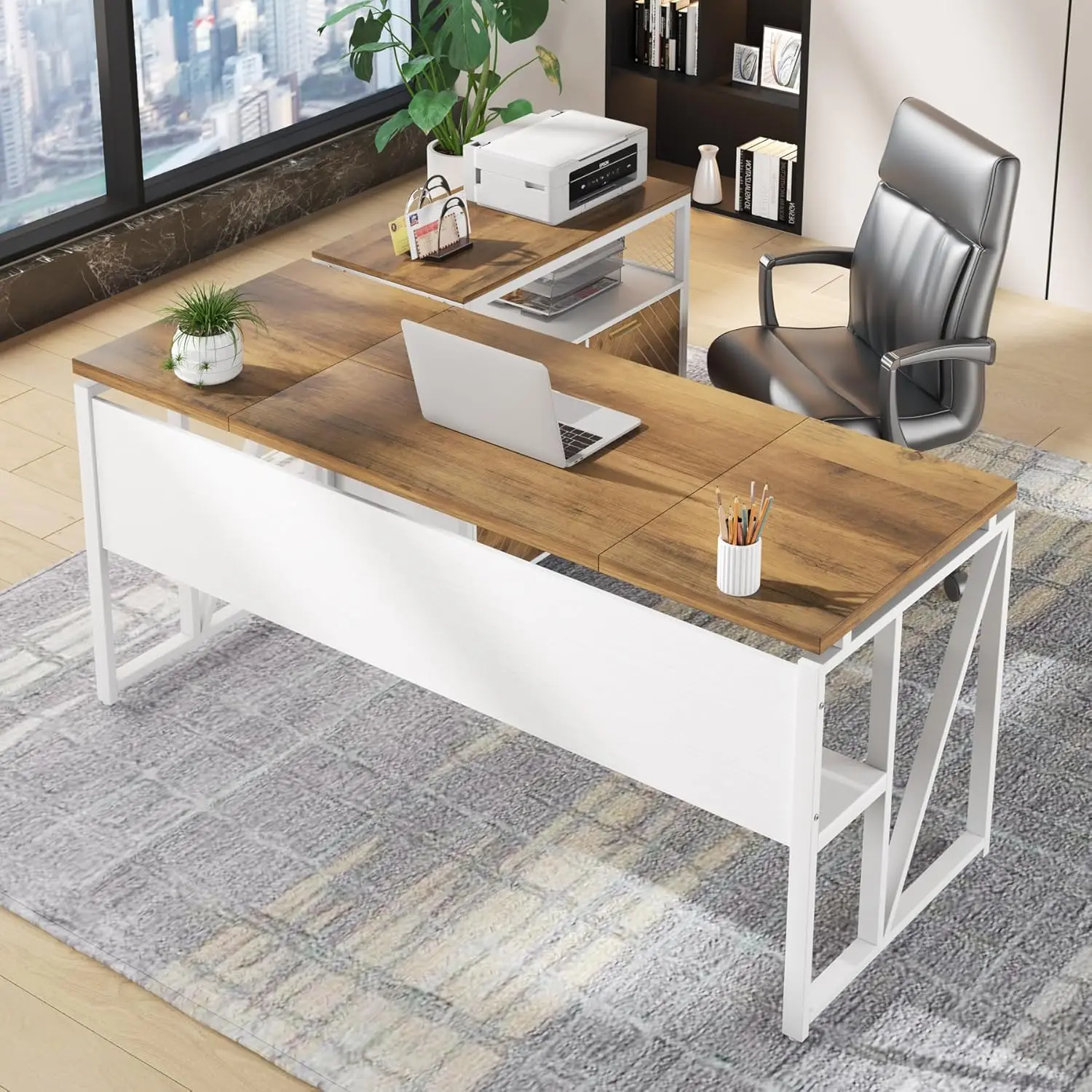 

63 inches L Shaped Computer Desk with Drawers, Mobile File Cabinet, Light Walnut Home Office Furniture