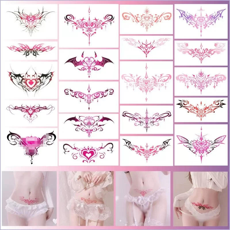 Waterproof Waist Belly Temporary Tattoo Decals, Red Heart Bow Demon Totem Sexy Fake Body Stickers for Girls