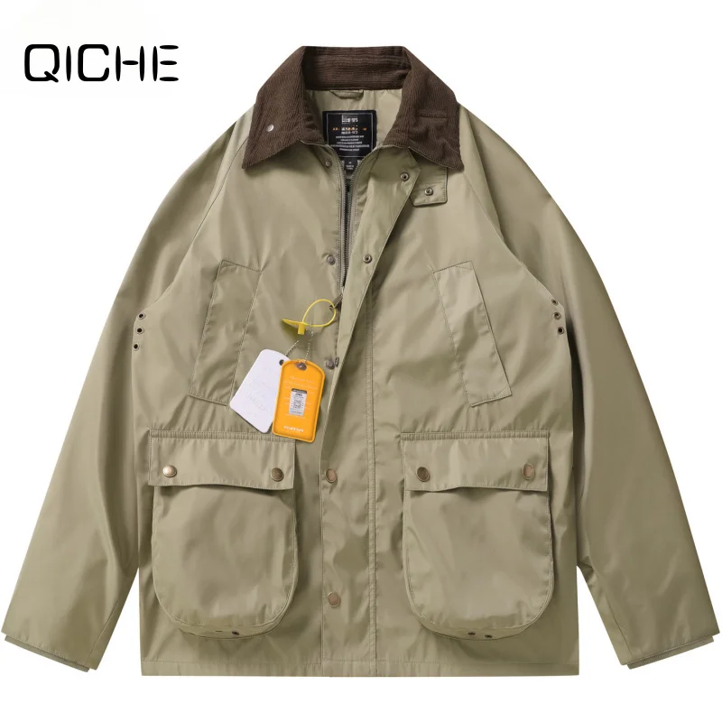 QICHE Men Women Autumn American‑Vintage Hunting Jacket Lapel Work‑Style Check Casual Outer Windbreaker Coat
