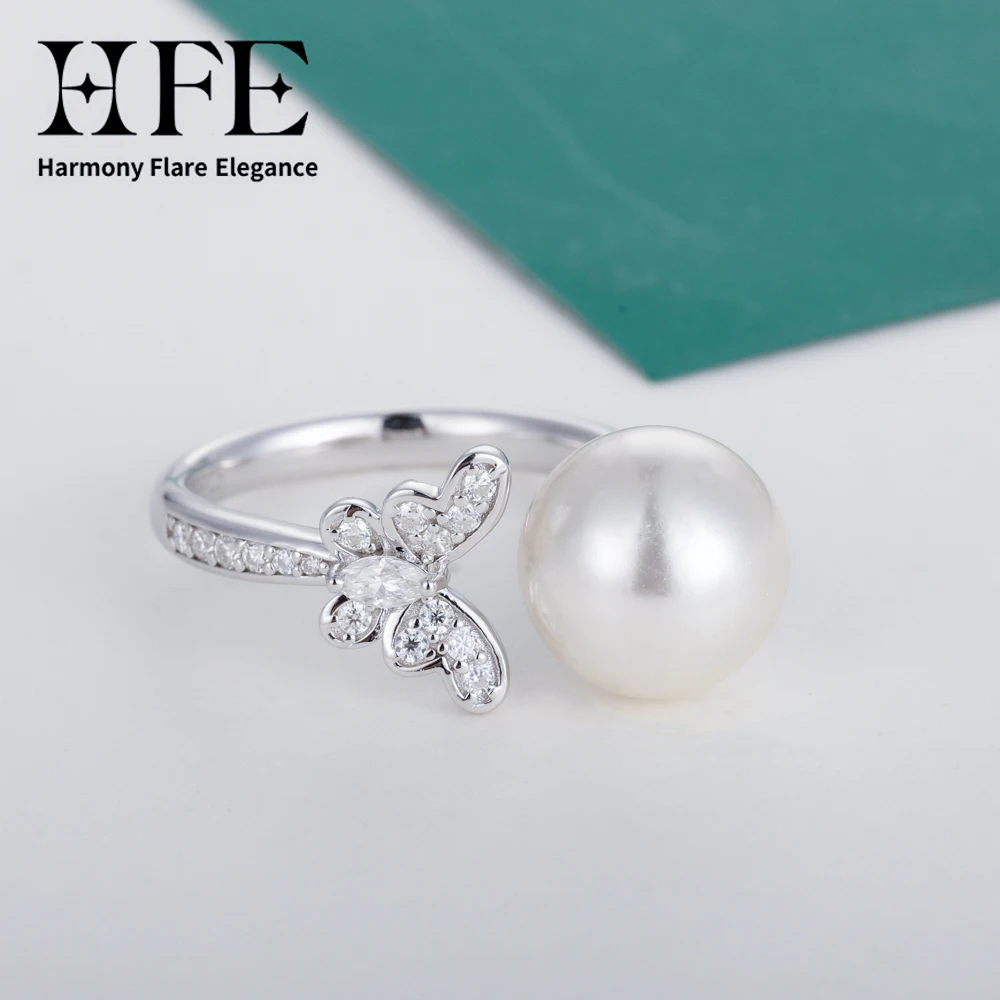 HFE High Quality Shell Pearl Open Ring Set With D VVS1 Moissanite Butterfly Design 925 Sterling Silver Elegant Ladies Jewellery