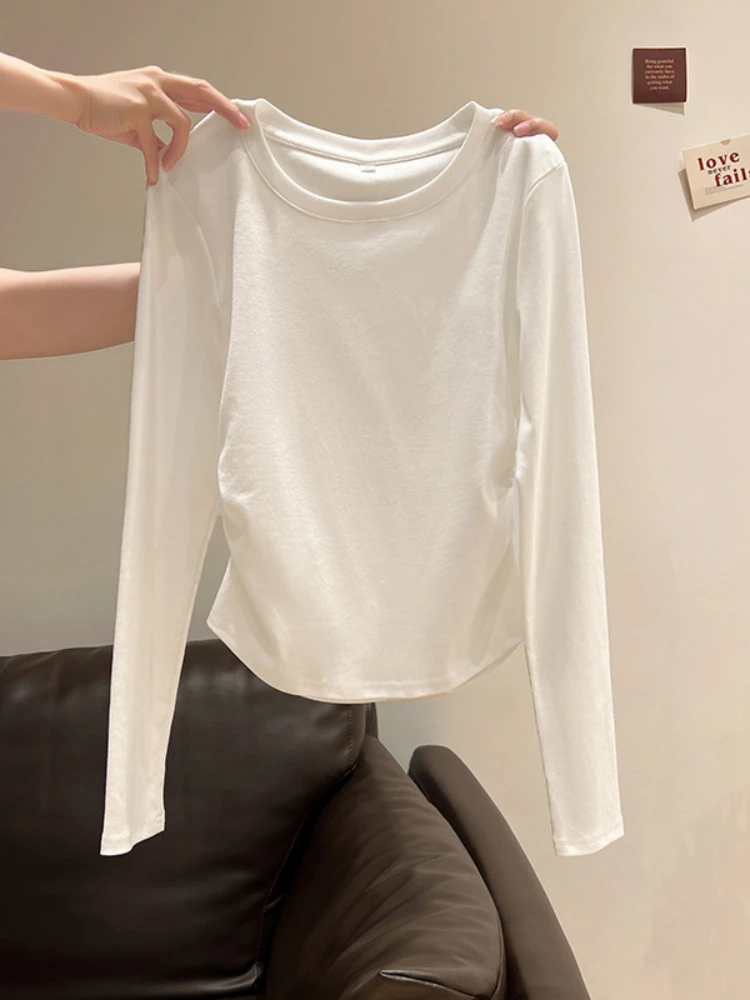 

cotton shoulder Long sleeve T shirt Women Solid color Casual Tops Lady Spring Autumn Basic Tees Korean style Youth Blouses