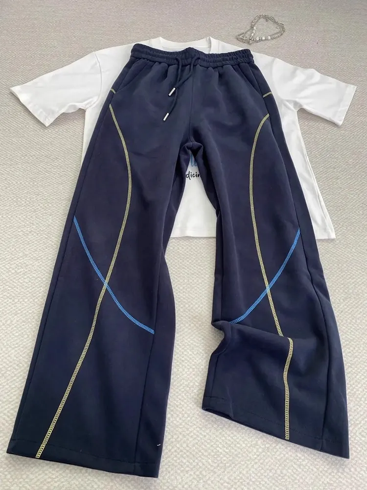 

Американские синие повседневные брюки Hsu Line k, мужские осенние тяжелые прямые драпированные спортивные брюки для отдыха