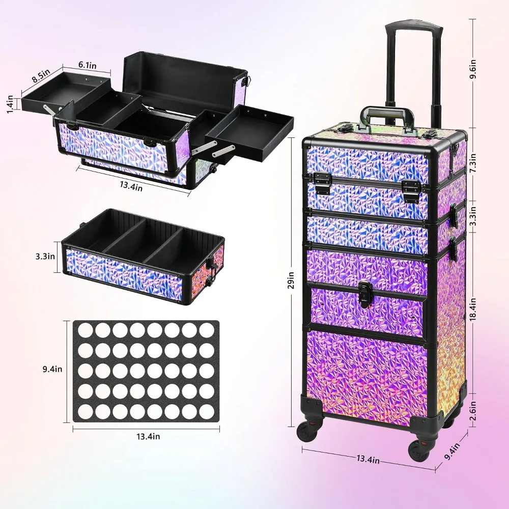 Rolling Makeup Train Case with Drawers, Portable Cosmetic Organizer on Wheels, Professional for Salon, Barber, Nail, Tattoo, Black view 4