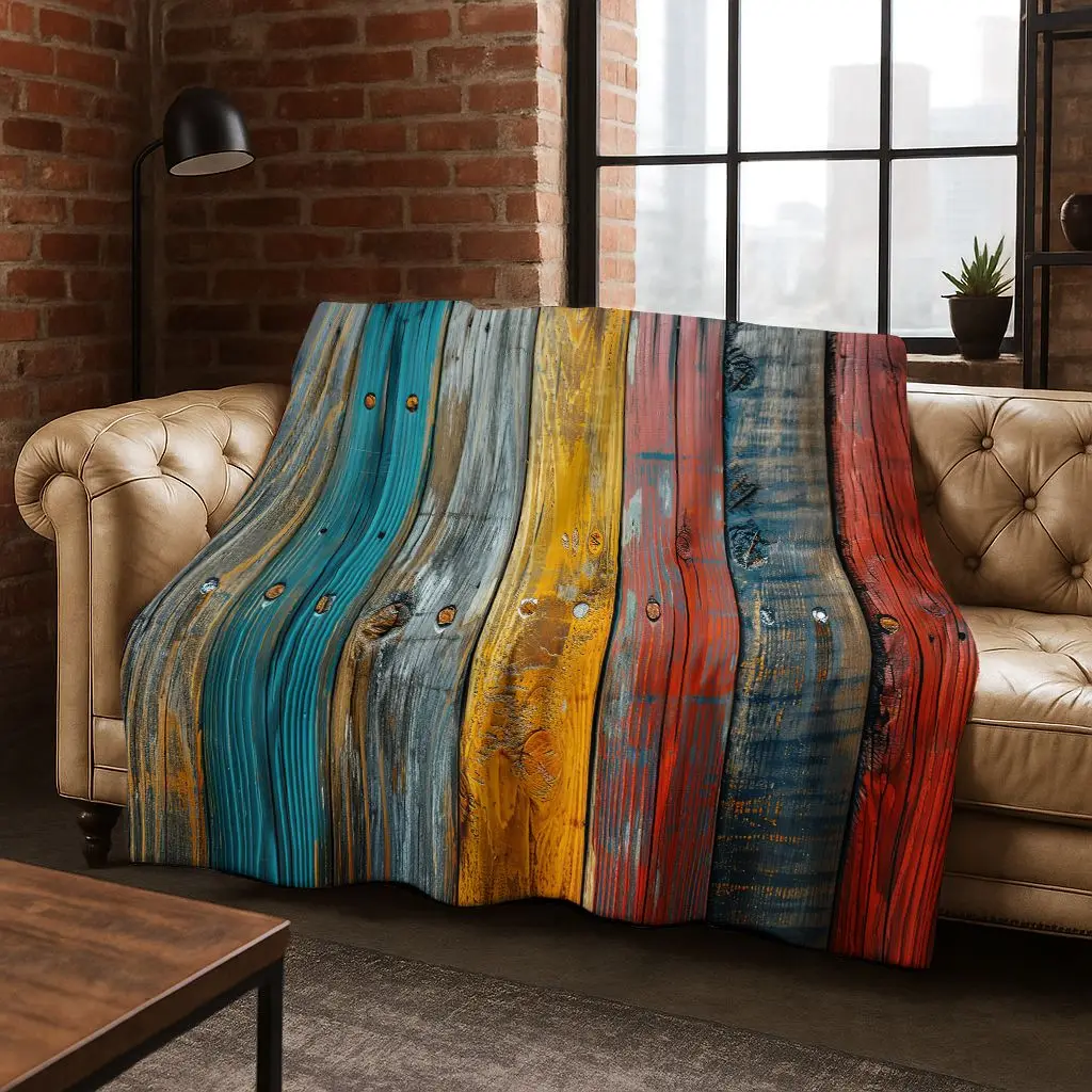 Rainbow Retro Wooden Board Black Brown Wood Grain Flannel Blanket,Cozy Soft Throw Blanket for Home Bedroom Bed Sofa Cover Gift