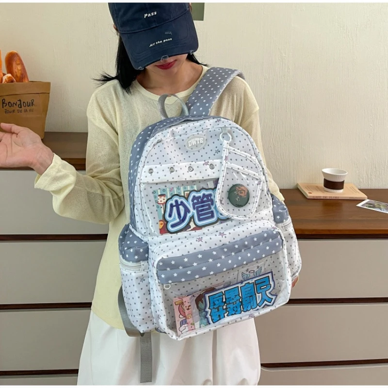 Modischer Rucksack mit transparentem Sichtfenster, großes Fassungsvermögen, gepunktete Schultasche für Teenager-Mädchen, leichte Büchertasche – Detail 8