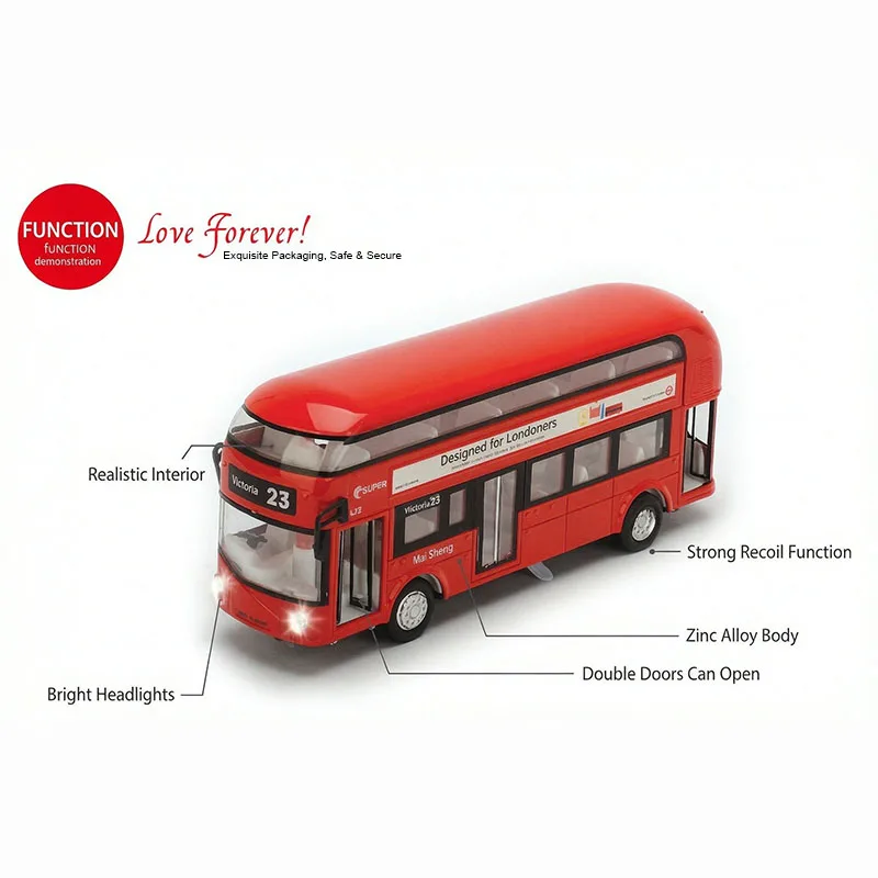 1:32 London Double Decker Bus Diecast Model Toy Zinc Alloy Red City Bus Toy Pull Back Toy Car Realistic City Bus For Kids