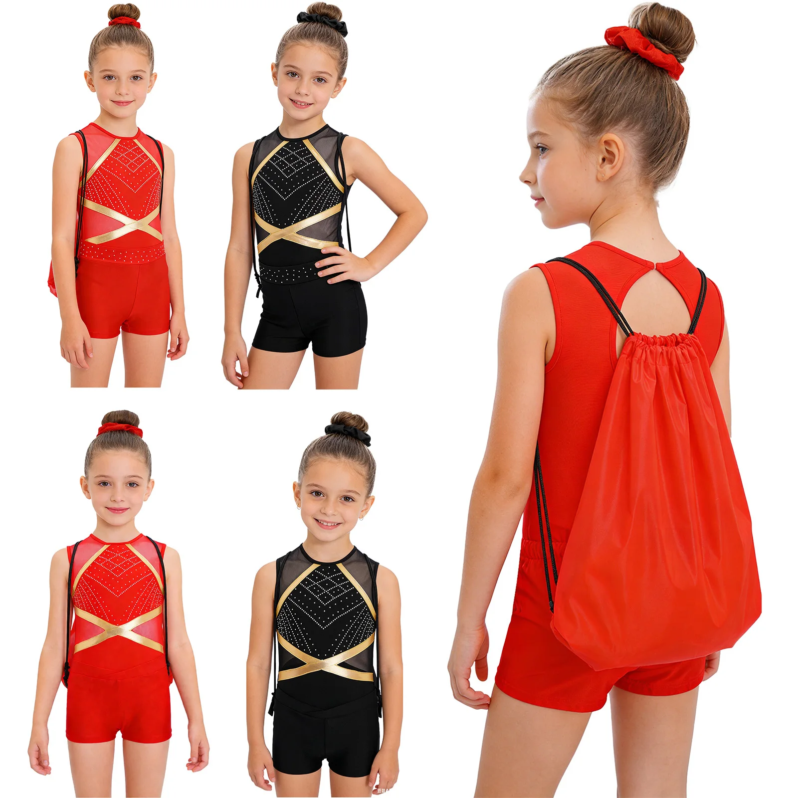 Kids Girls Sleeveless Rhinestone Mesh Gymnastics Skating Acrobatics Ballet Dance Leotard with Shorts Hairband Backpack Dancewear
