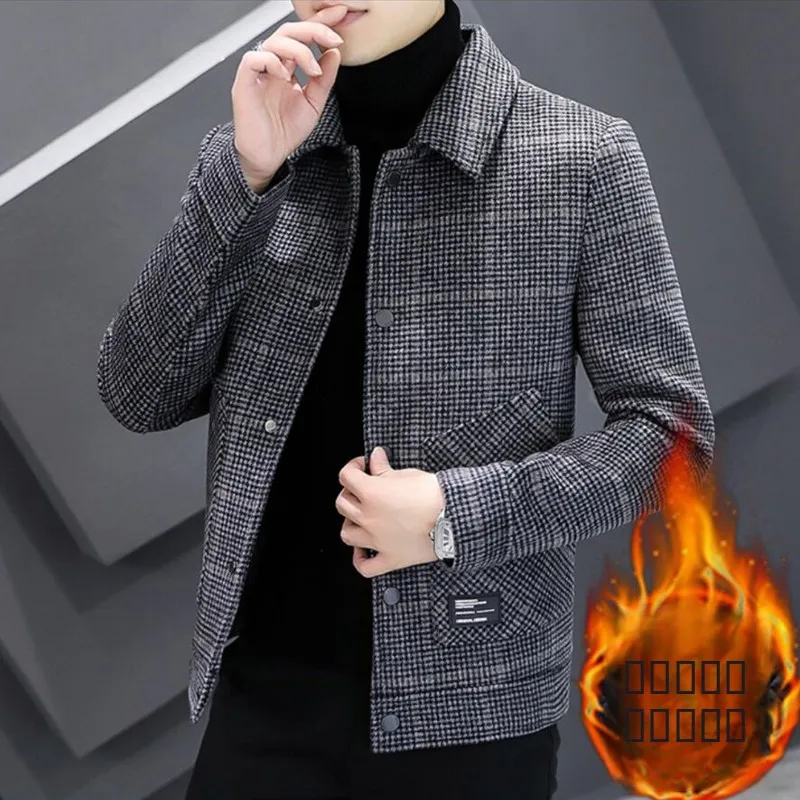 

Men's Casual Woolen Jaet Autumn Winter Plaid Thiened Faion ort Coat Turn-down Collar Youth Active Sle Single Button