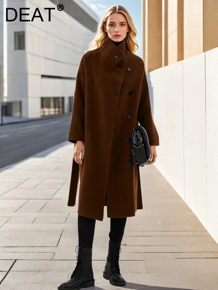 DEAT Fashion Women's Double-side Woolen Coat Lapel Loose Single Breasted Sashes Camel Blends Overcoat Winter 2024 New 7AB5440