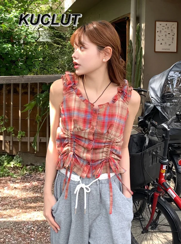 

New Fashion Summer Women's Tops Japanese Style Sweet and Cute Sleeveless Top Drawstring Lace-up Single-breasted Women Blouse