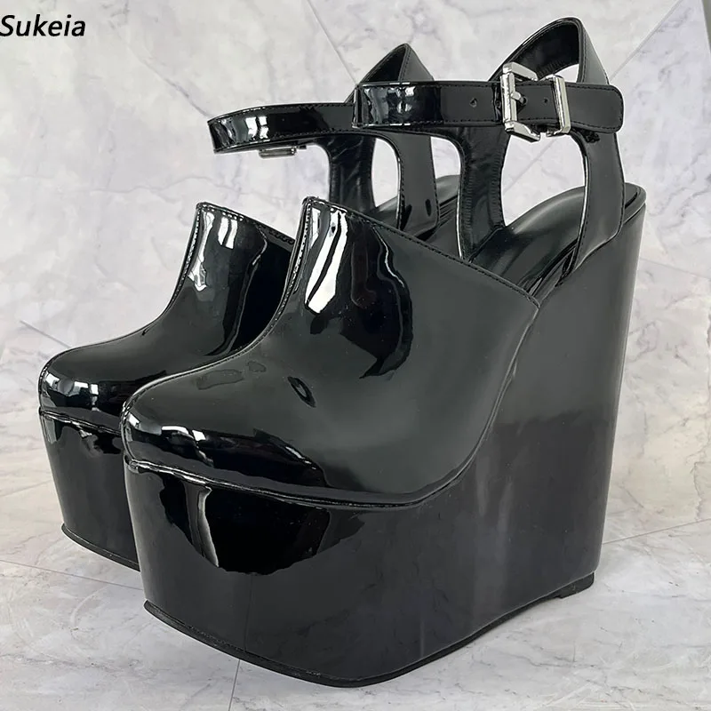 Sukeia Handmade Women Platform Glossy Pumps Wedges High Heels Round Toe Beautiful Black Dress Shoes Ladies US Plus Size 4-15