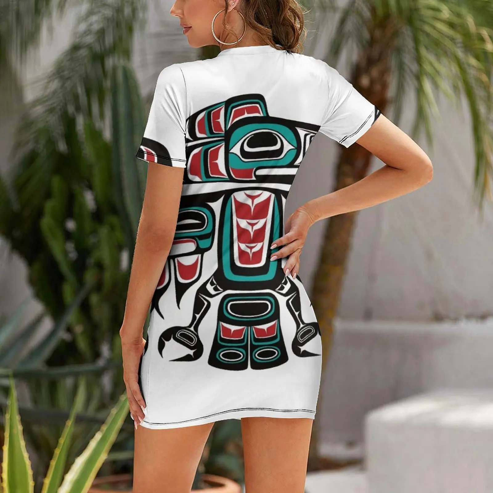 Haida Tlingit Native Raven Totem Short Sleeved Dress Prom gown Women's summer suit