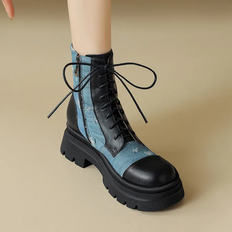 Blue Denim Women Short Autumn Botas Platform Black Leather Cowboy Stilettos Platform Apricot Winter Knight Botines Femmes Zapato