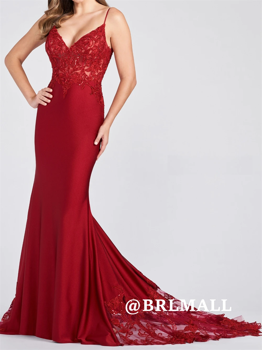 

BRLMALL Spaghetti Straps Lace Prom Dress for Women Lace Court Train Illusion Long Evening Dresses Customized Backless Party Gown