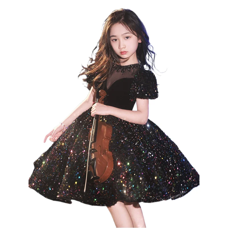 Black evening dress girls high-end princess dress children recitation host violin piano playing table costume