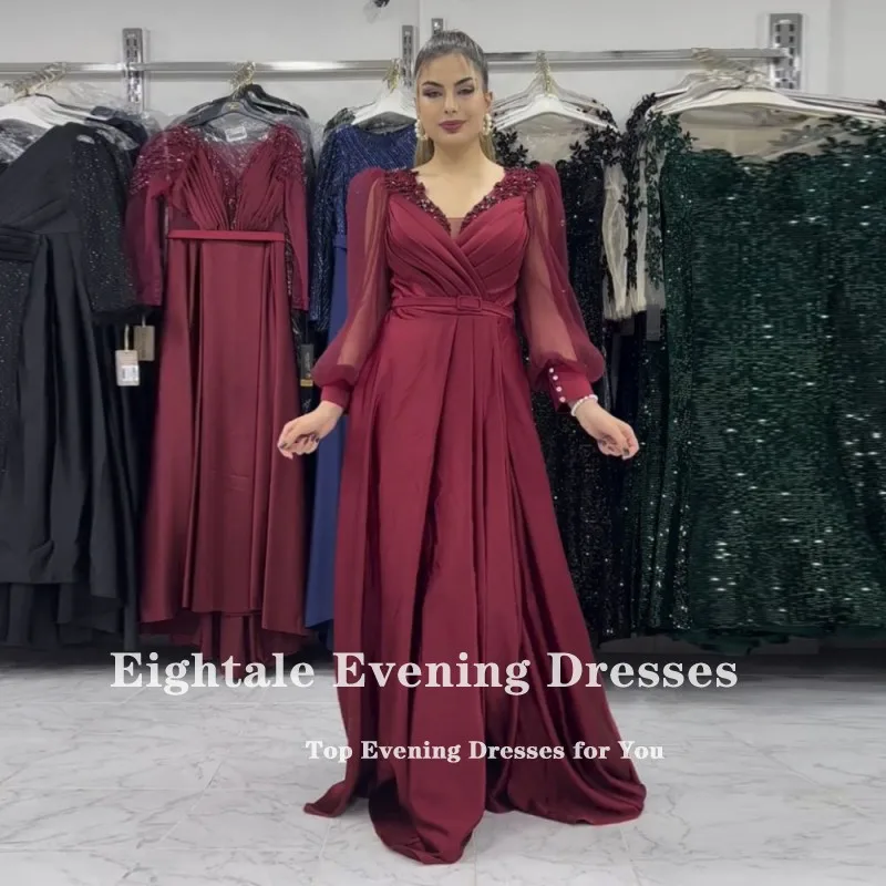 Eightale Burgundy Evening Dresses V-Neck Appliques Beaded Customized Satin Long Sleeves Arabic Party Prom Gown Vestidos De Noche