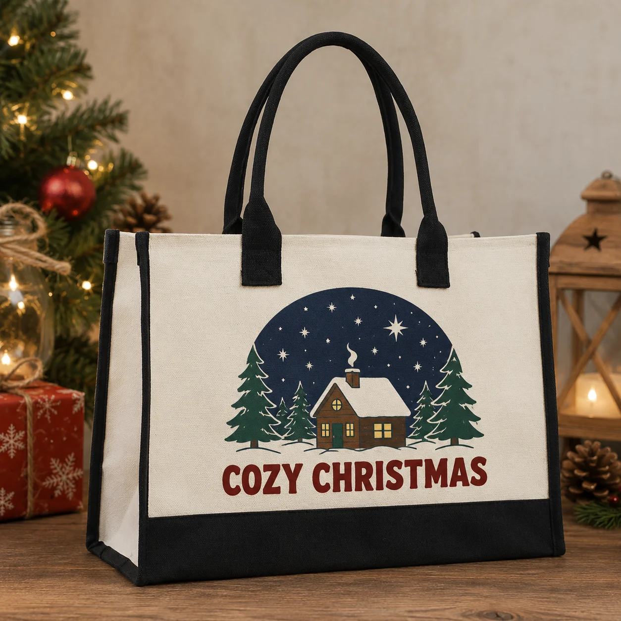 Custom Canvas Tote Bag Christmas Holiday Tree Custom Text Image Name Large Shopping Gift Handbag For Women Family Party Gifts
