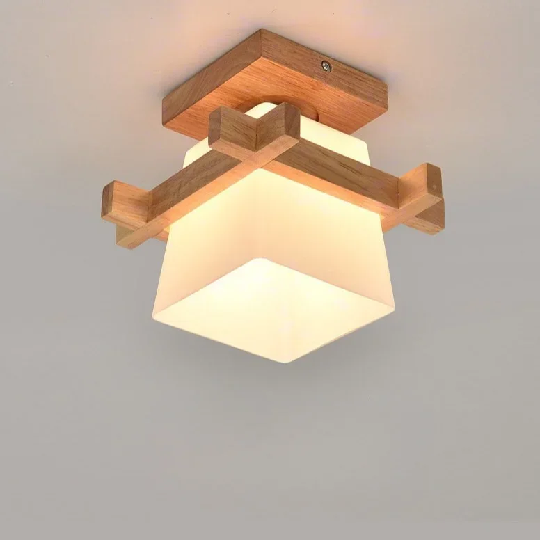 

Simple Well Shaped Glass Solid Wood Ceiling Light Balcony Corridor Light Southeast Asian Personalized Modern Wooden Light