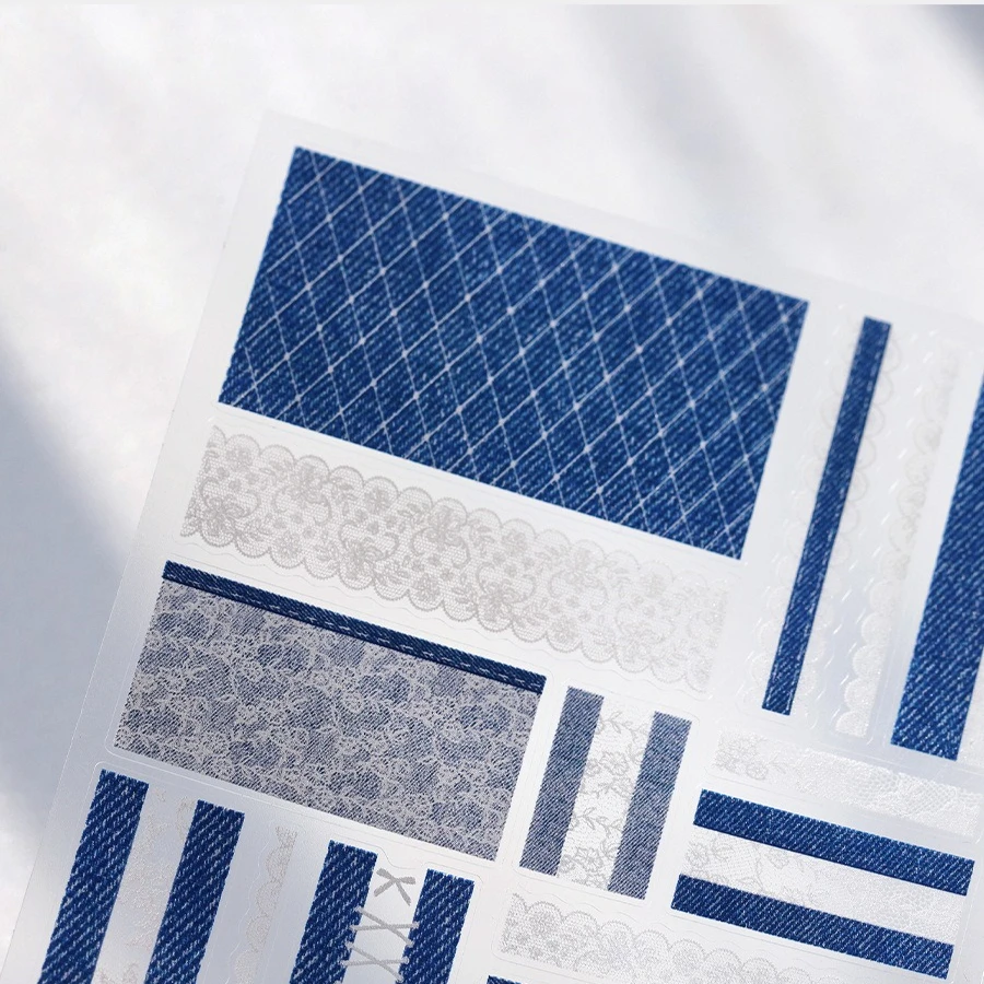 Blue Denim Fabric White Floral Lace Striped Pattern 3D Self Adhesive Nail Art Stickers Jeans Cowboy Manicure Decals Wholesale