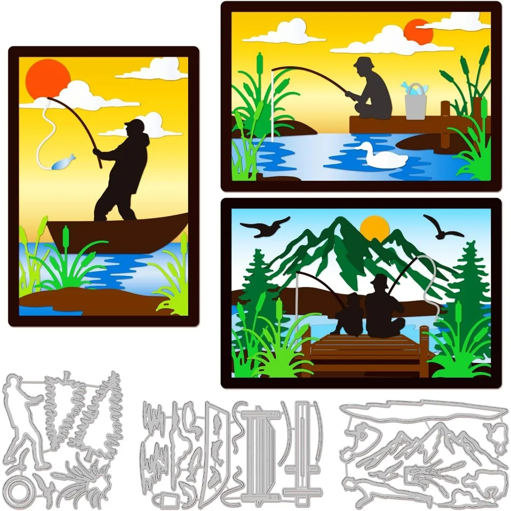 Fishing Cutting Dies for DIY Scrapbooking Metal Fishing Scenery Die Cuts Embossing Stencils Template for Paper Card Making