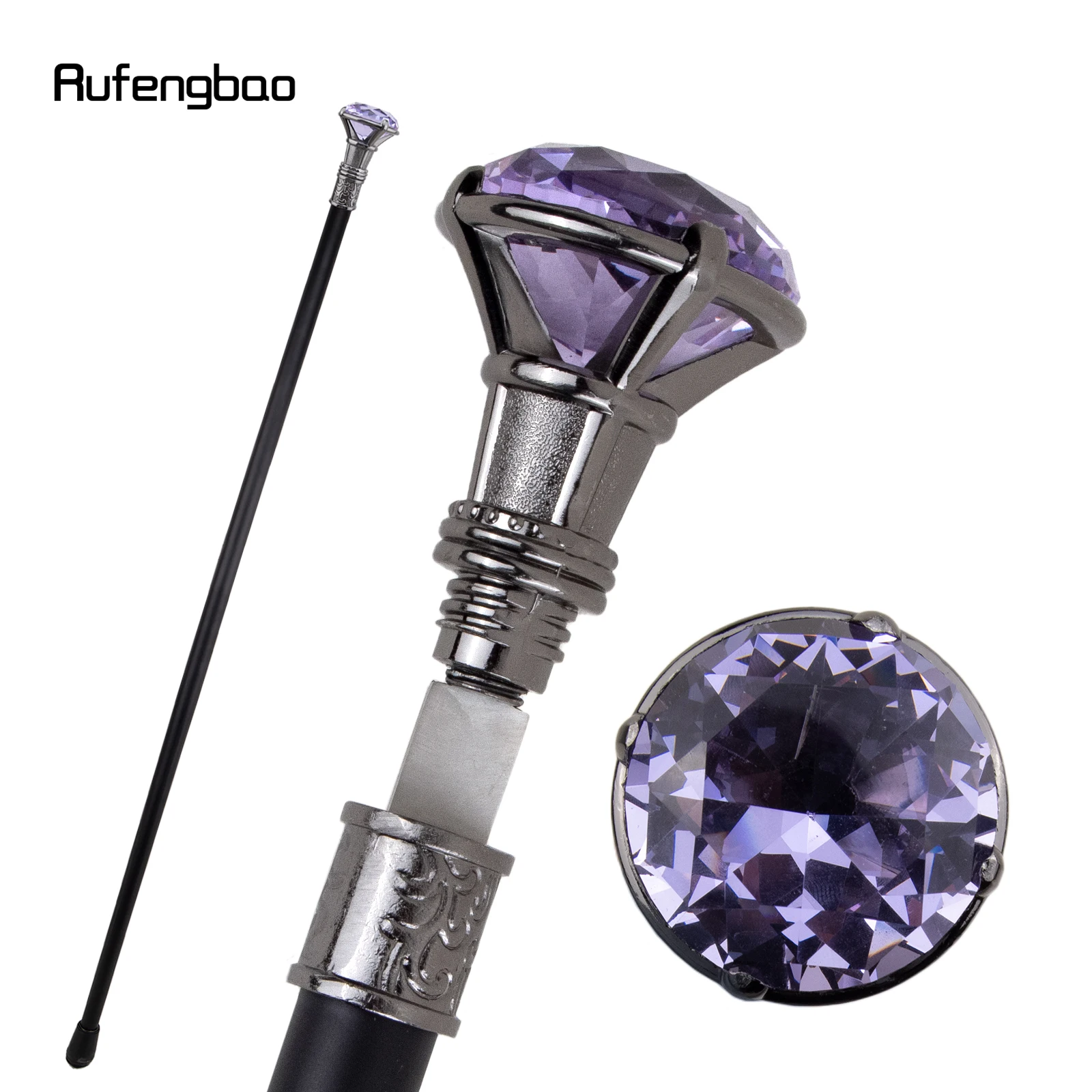 

Purple Diamond Single Joint Silver Walking Stick with Hidden Plate Self Defense Fashion Cane Plate Cosplay Crosier Stick 93cm