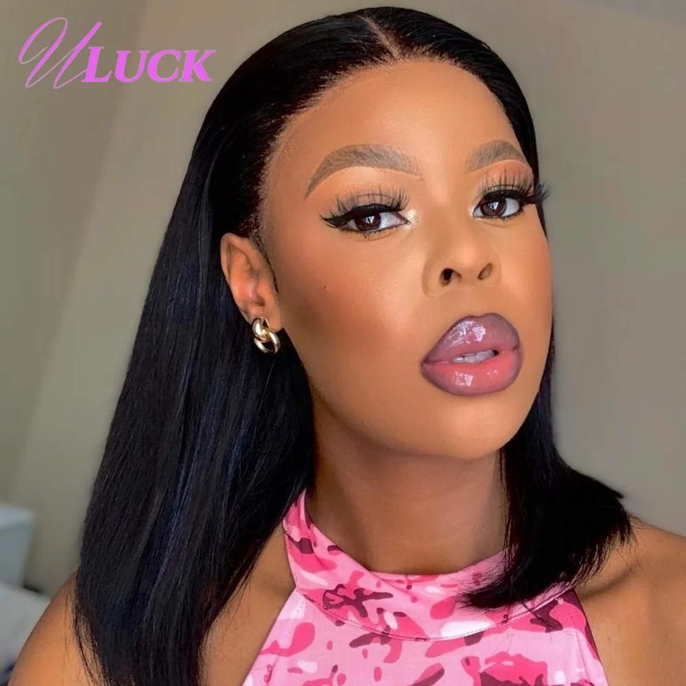 Uluck Doppio Disegnato Breve Rettilineo Bob Parrucche Parrucche Brasiliane Dei Capelli Umani 200% Densità 13x4 Parrucche Frontali Del Merletto Nero Naturale Per Le Donne